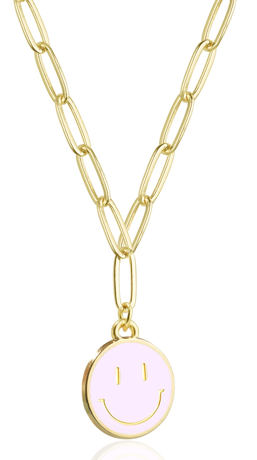 JSJOY Smiley Face Necklace 14K Gold Plated Paperclip Necklace Preppy Jewelry Y2K Trendy Necklace for Women Teen Girls
