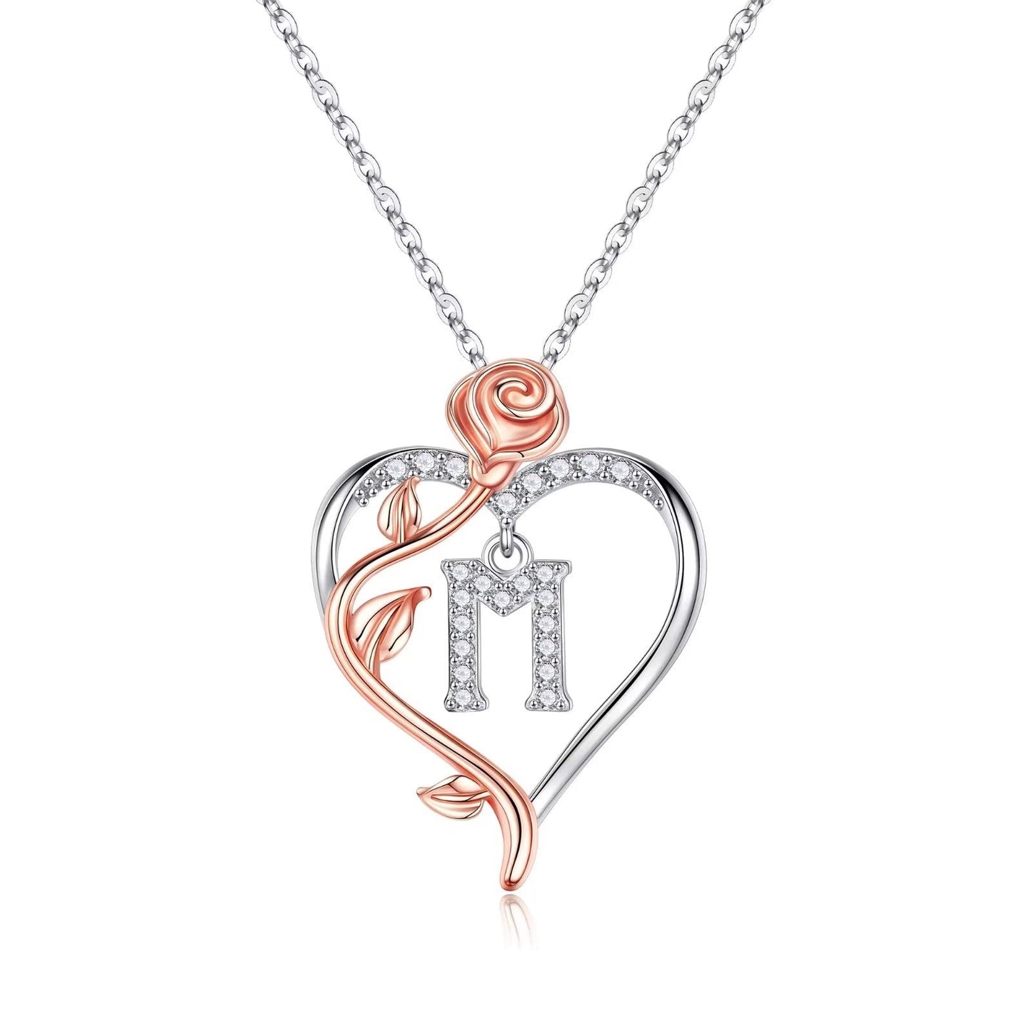JSJOY Rose Heart Initial Necklaces Gifts for Women Teen Girls, Rose Love Heart Letter Pendant Necklace Jewelry Mothers Day Valentines Anniversary Birthday Gifts for Her Women Wife Girlfriend Mom