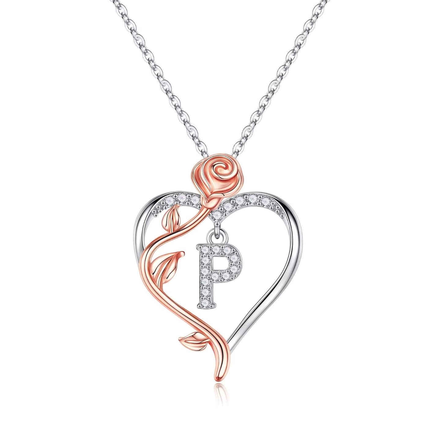 JSJOY Rose Heart Initial Necklaces Gifts for Women Teen Girls, Rose Love Heart Letter Pendant Necklace Jewelry Mothers Day Valentines Anniversary Birthday Gifts for Her Women Wife Girlfriend Mom