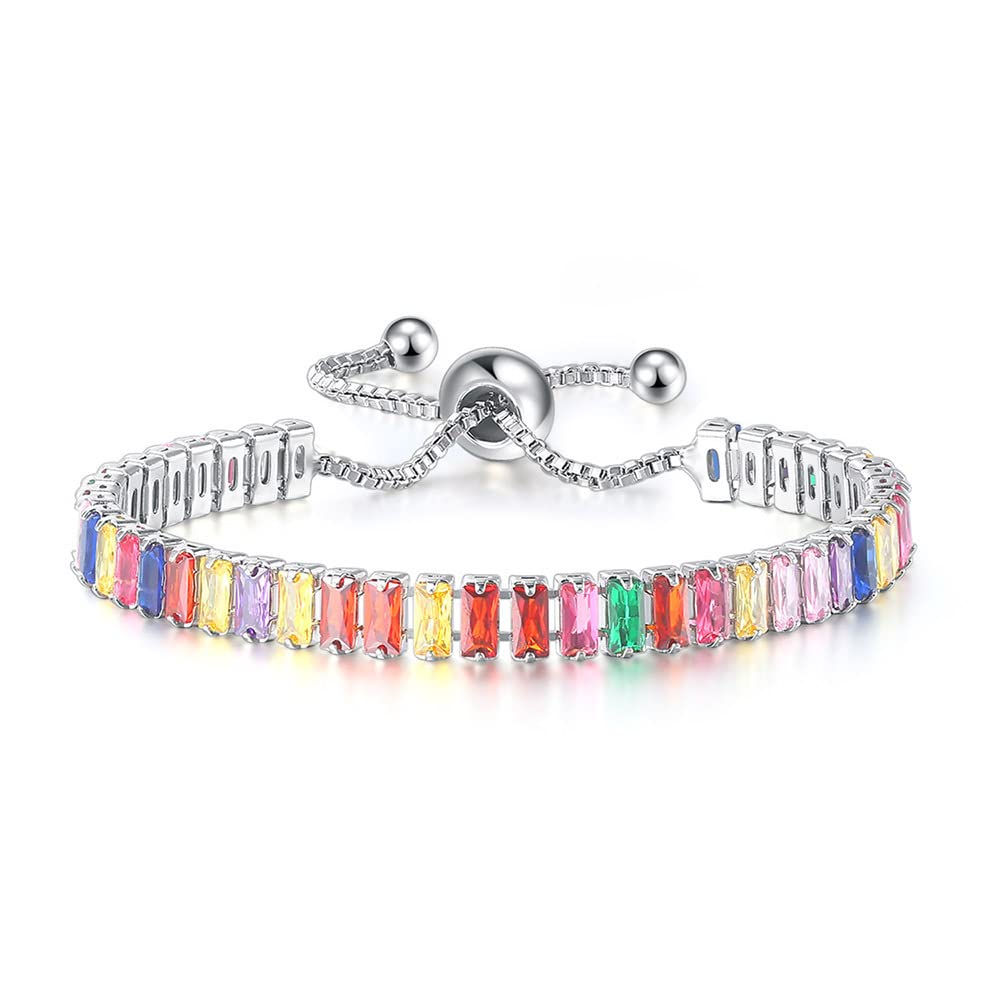 JSJOY Adjustable Tennis Bracelets for Women Teen Girls Rainbow Cubic Zirconia Bracelet 14K White Gold Plated Hypoallergenic Slider Bracelet Jewelry Gift