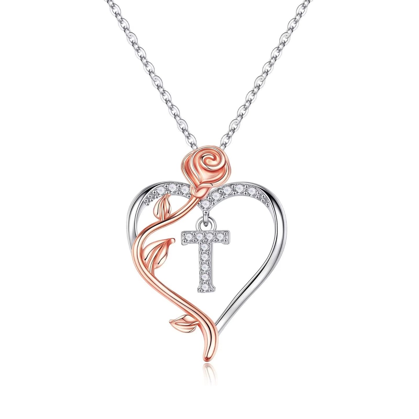 JSJOY Rose Heart Initial Necklaces Gifts for Women Teen Girls, Rose Love Heart Letter Pendant Necklace Jewelry Mothers Day Valentines Anniversary Birthday Gifts for Her Women Wife Girlfriend Mom