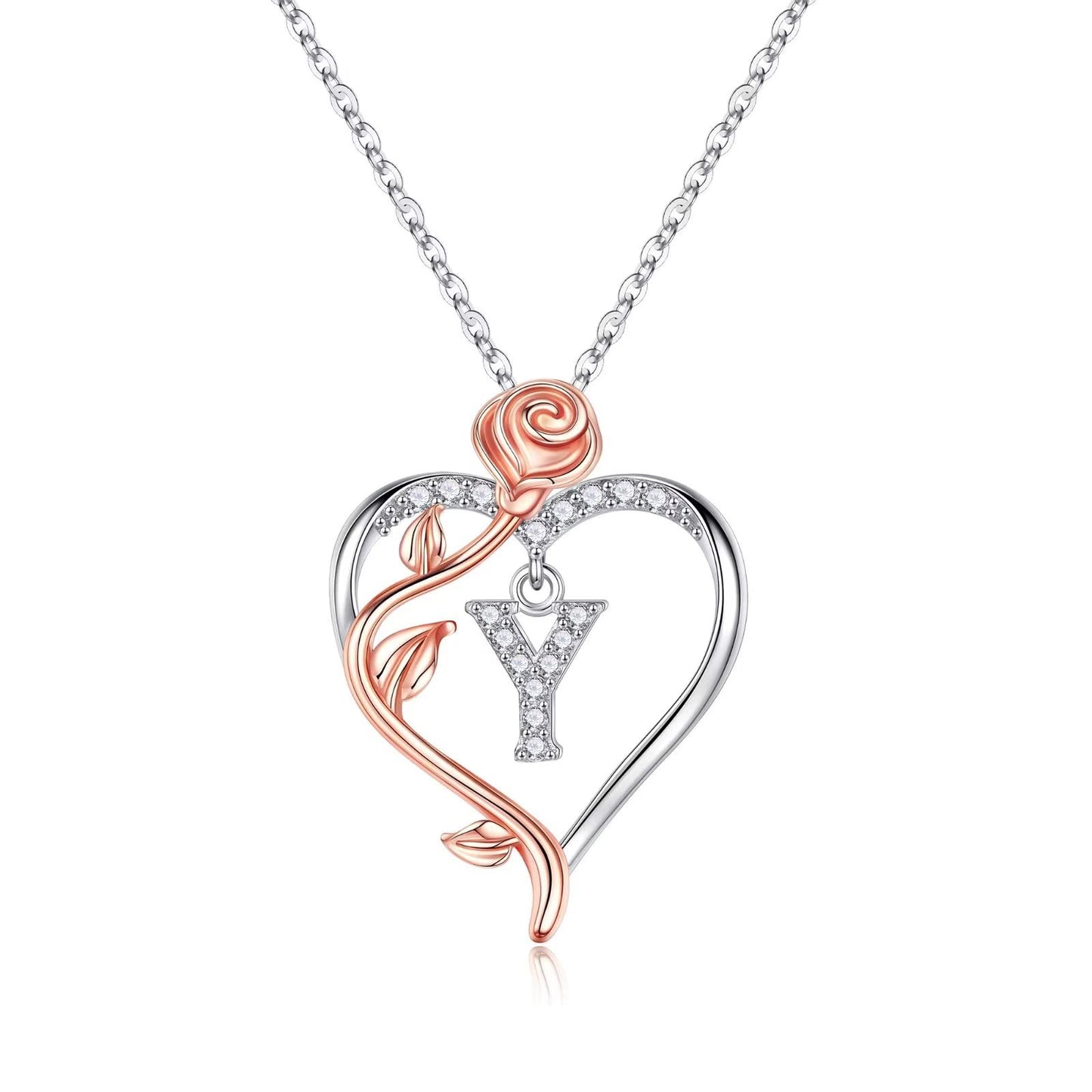 JSJOY Rose Heart Initial Necklaces Gifts for Women Teen Girls, Rose Love Heart Letter Pendant Necklace Jewelry Mothers Day Valentines Anniversary Birthday Gifts for Her Women Wife Girlfriend Mom