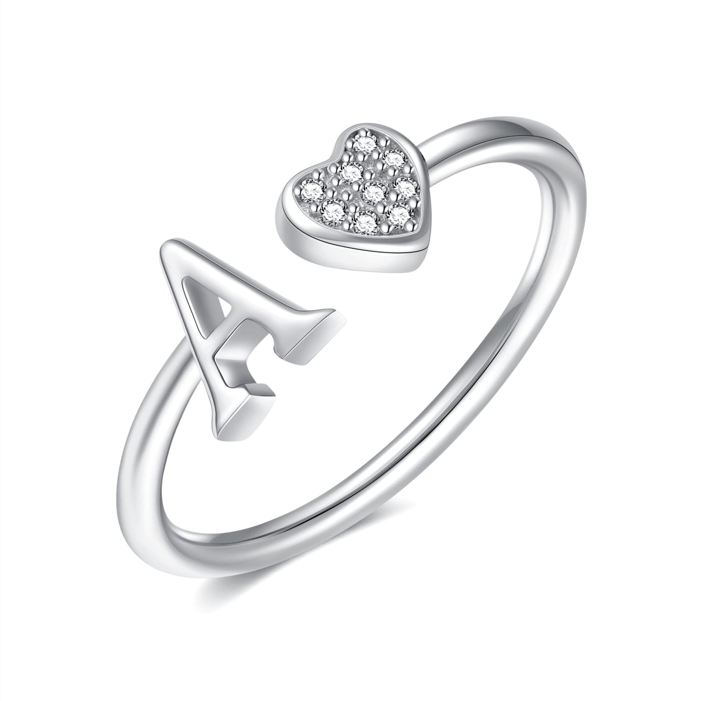 JSJOY FashionS925 Sterling Silver Initial Rings for Teen Girls Women Adjustable Initial Rings for Women Heart Rings Silver Rings for Girls Stackable Alphabet Letter Rings for Teen Girls Women Gifts