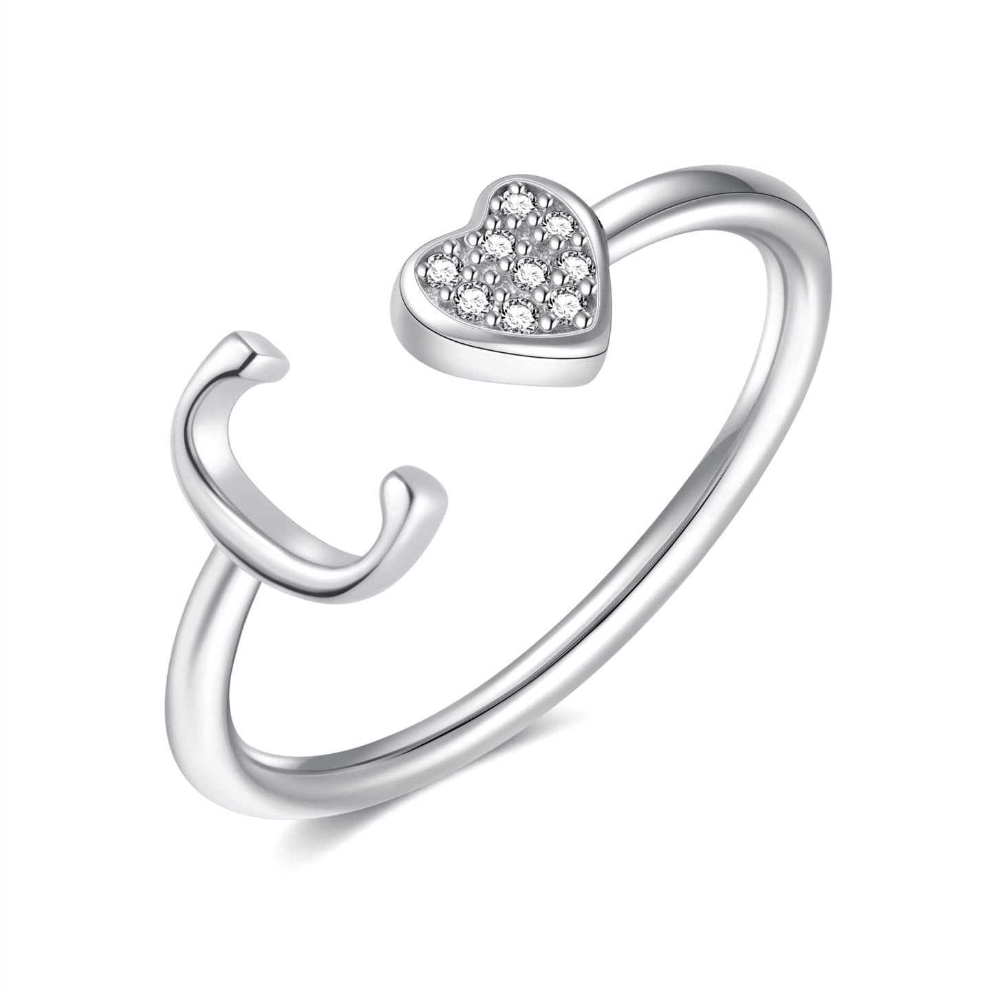 JSJOY FashionS925 Sterling Silver Initial Rings for Teen Girls Women Adjustable Initial Rings for Women Heart Rings Silver Rings for Girls Stackable Alphabet Letter Rings for Teen Girls Women Gifts
