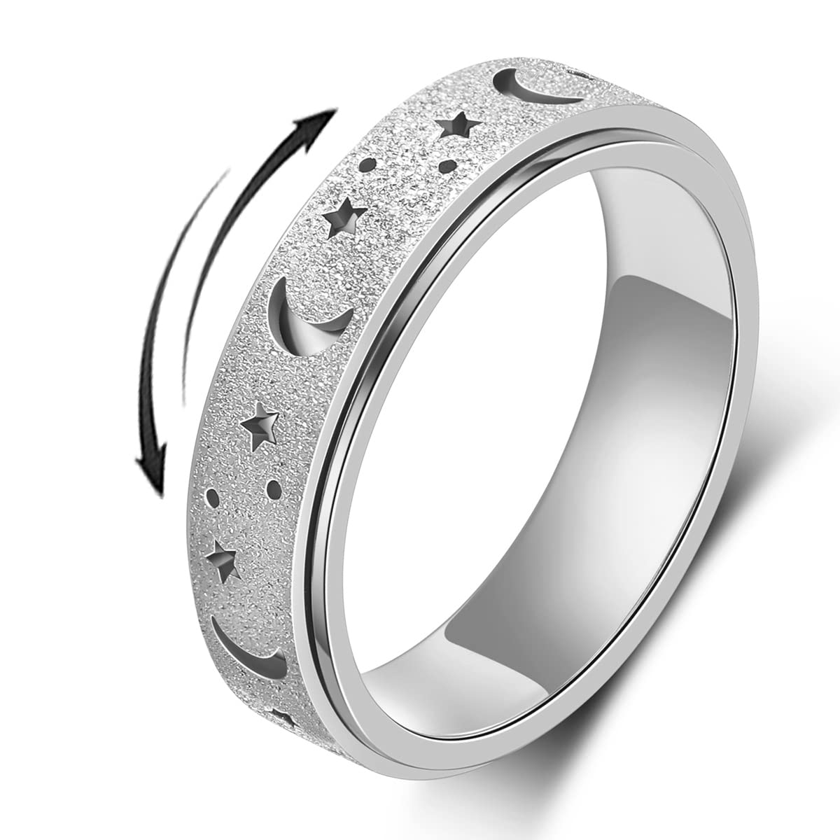 JSJOY Anxiety Ring for Women Men, Titanium Stainless Steel Spinner Ring, 5 Colors, 6MM, Size 6-10, 3 Styles Fidget Ring-Moon Star, Sandblasted Finished, Hollow Outer