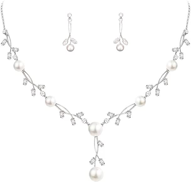 Luxury Cubic Zirconia Crystal Pearl Floral Necklace Dangle Earrings Wedding Bridal Jewelry Set Birthday Gifts for Her