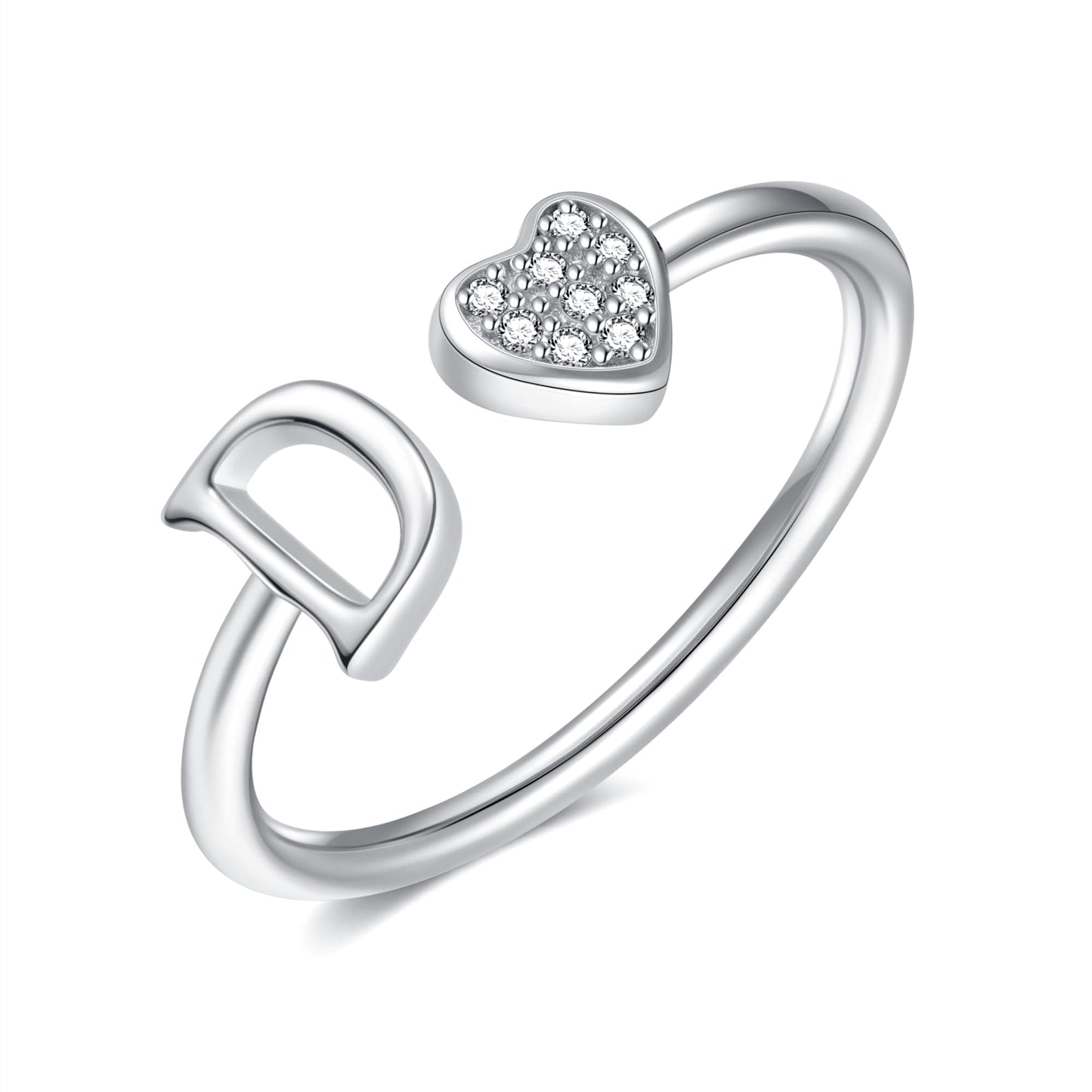 JSJOY FashionS925 Sterling Silver Initial Rings for Teen Girls Women Adjustable Initial Rings for Women Heart Rings Silver Rings for Girls Stackable Alphabet Letter Rings for Teen Girls Women Gifts
