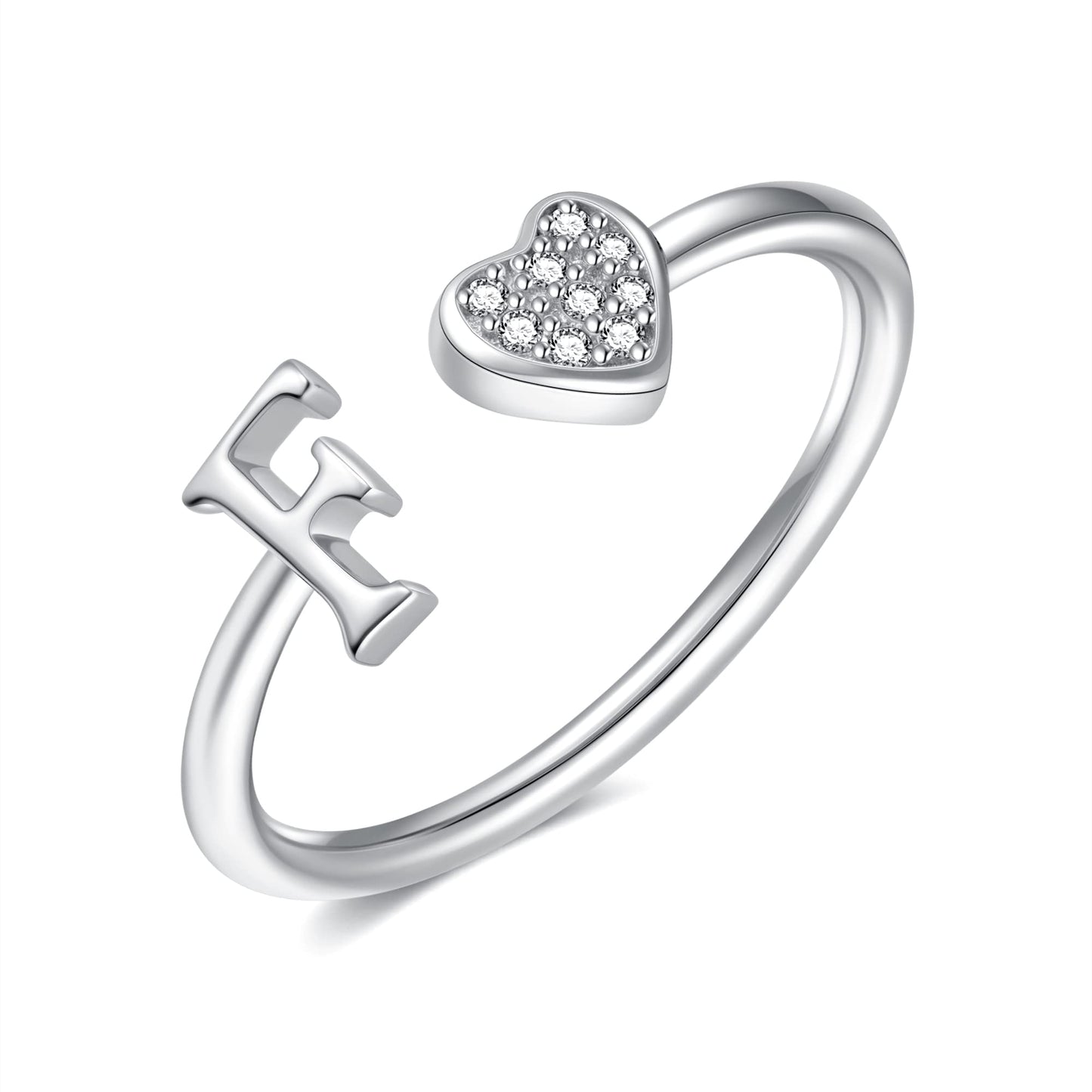 JSJOY FashionS925 Sterling Silver Initial Rings for Teen Girls Women Adjustable Initial Rings for Women Heart Rings Silver Rings for Girls Stackable Alphabet Letter Rings for Teen Girls Women Gifts