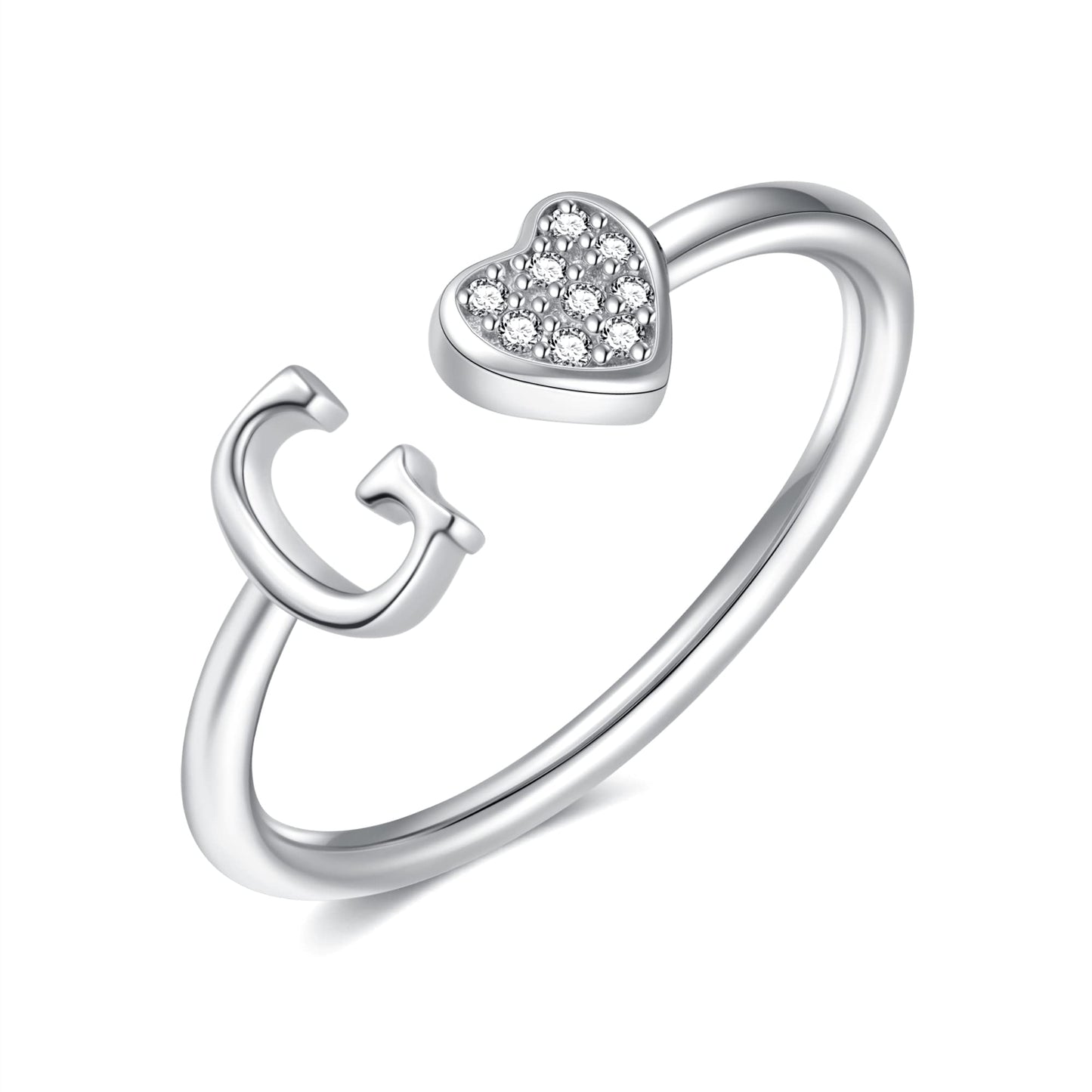 JSJOY FashionS925 Sterling Silver Initial Rings for Teen Girls Women Adjustable Initial Rings for Women Heart Rings Silver Rings for Girls Stackable Alphabet Letter Rings for Teen Girls Women Gifts