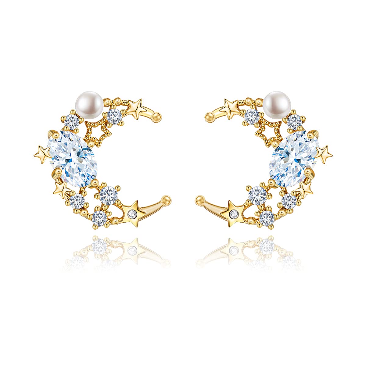 Gold Stud Earrings for Women 14k Gold Plated Silver Rose Gold Cute Pearl Heart Mushroom Evil Eye Starfish Snowflake Crescent Moon Star Dainty Fashion Diamond Small Trendy Earings Hypoallergenic for Teen Girls Jewelry Gifts
