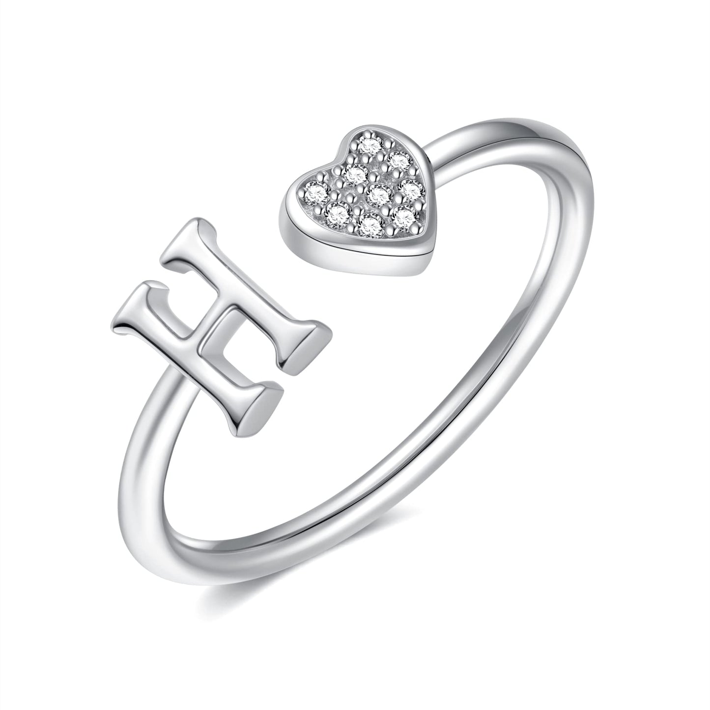 JSJOY FashionS925 Sterling Silver Initial Rings for Teen Girls Women Adjustable Initial Rings for Women Heart Rings Silver Rings for Girls Stackable Alphabet Letter Rings for Teen Girls Women Gifts