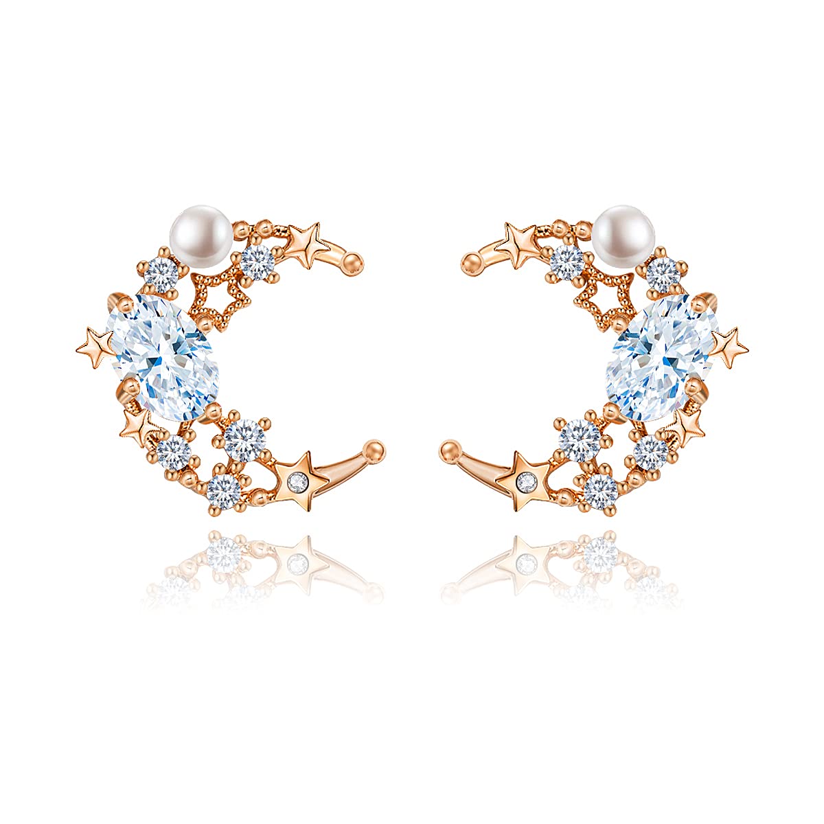 Gold Stud Earrings for Women 14k Gold Plated Silver Rose Gold Cute Pearl Heart Mushroom Evil Eye Starfish Snowflake Crescent Moon Star Dainty Fashion Diamond Small Trendy Earings Hypoallergenic for Teen Girls Jewelry Gifts
