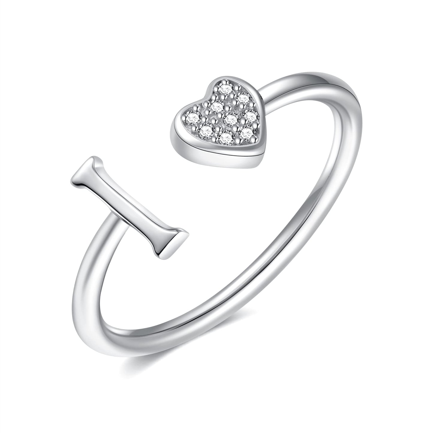 JSJOY FashionS925 Sterling Silver Initial Rings for Teen Girls Women Adjustable Initial Rings for Women Heart Rings Silver Rings for Girls Stackable Alphabet Letter Rings for Teen Girls Women Gifts