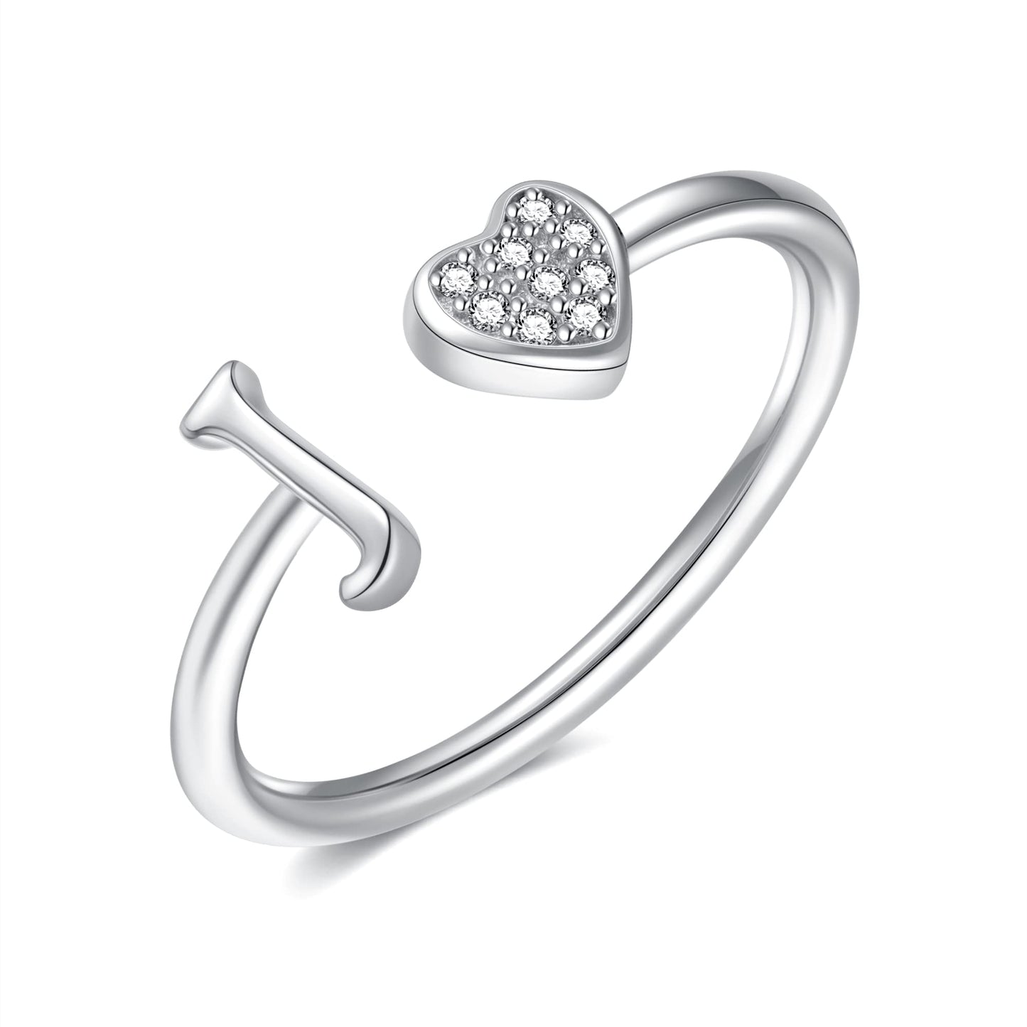 JSJOY FashionS925 Sterling Silver Initial Rings for Teen Girls Women Adjustable Initial Rings for Women Heart Rings Silver Rings for Girls Stackable Alphabet Letter Rings for Teen Girls Women Gifts