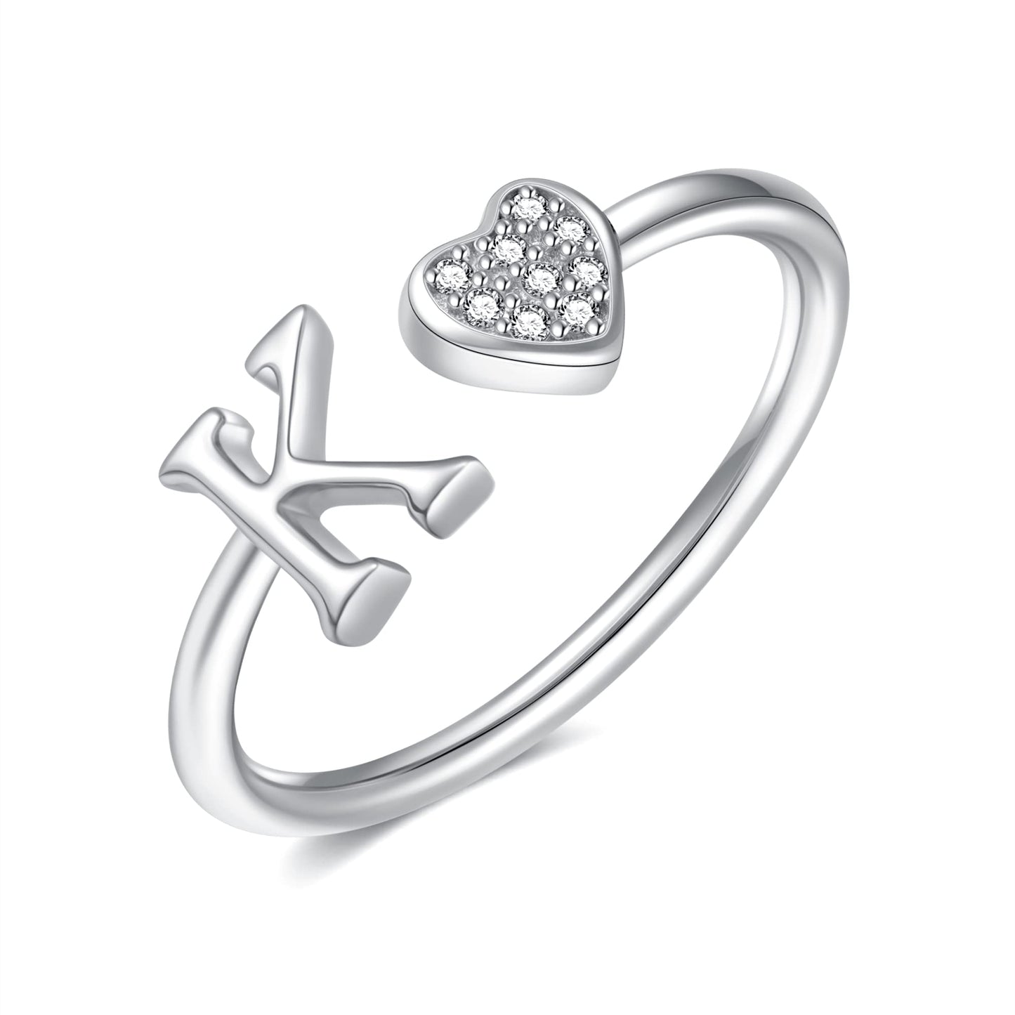 JSJOY FashionS925 Sterling Silver Initial Rings for Teen Girls Women Adjustable Initial Rings for Women Heart Rings Silver Rings for Girls Stackable Alphabet Letter Rings for Teen Girls Women Gifts