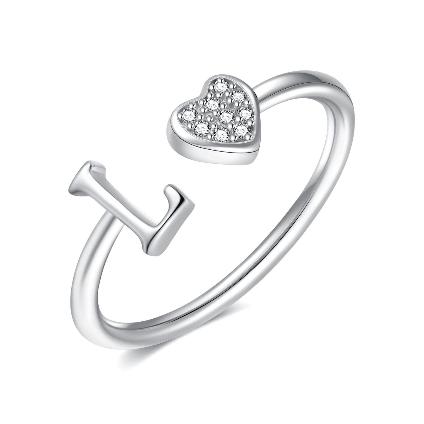 JSJOY FashionS925 Sterling Silver Initial Rings for Teen Girls Women Adjustable Initial Rings for Women Heart Rings Silver Rings for Girls Stackable Alphabet Letter Rings for Teen Girls Women Gifts