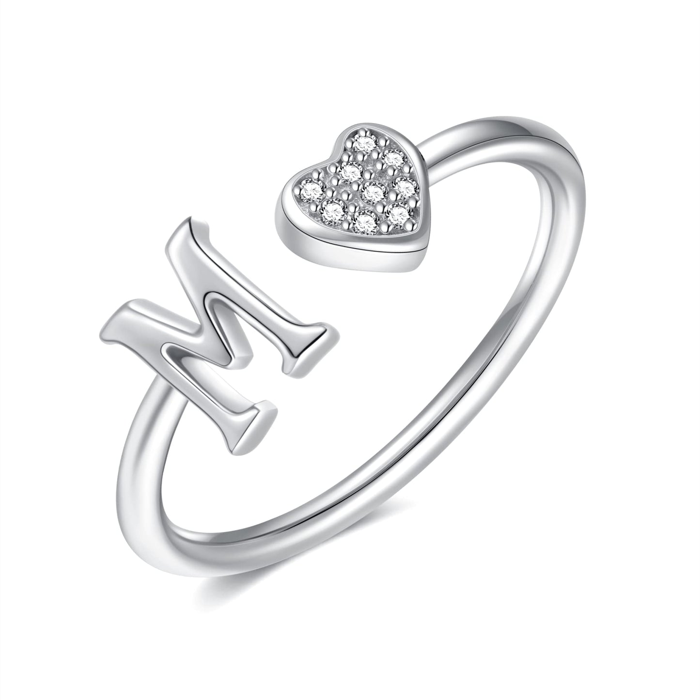 JSJOY FashionS925 Sterling Silver Initial Rings for Teen Girls Women Adjustable Initial Rings for Women Heart Rings Silver Rings for Girls Stackable Alphabet Letter Rings for Teen Girls Women Gifts