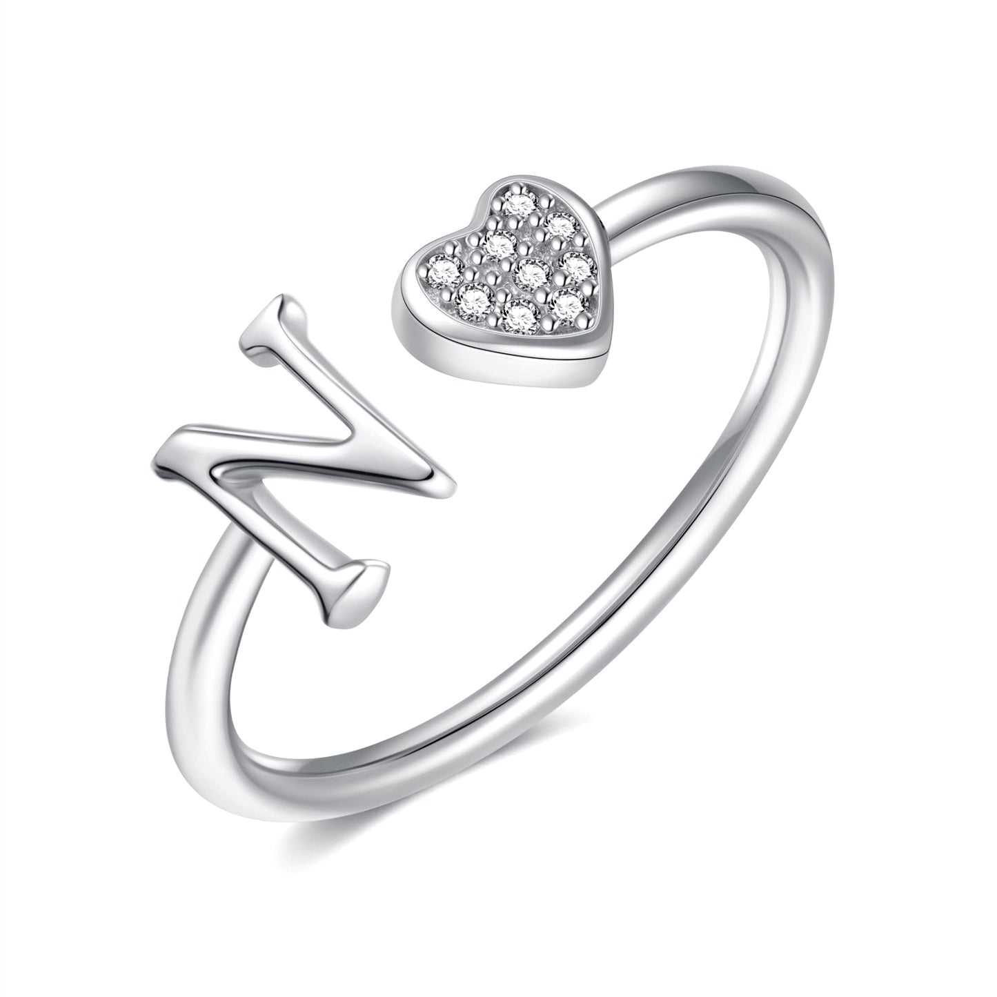 JSJOY FashionS925 Sterling Silver Initial Rings for Teen Girls Women Adjustable Initial Rings for Women Heart Rings Silver Rings for Girls Stackable Alphabet Letter Rings for Teen Girls Women Gifts