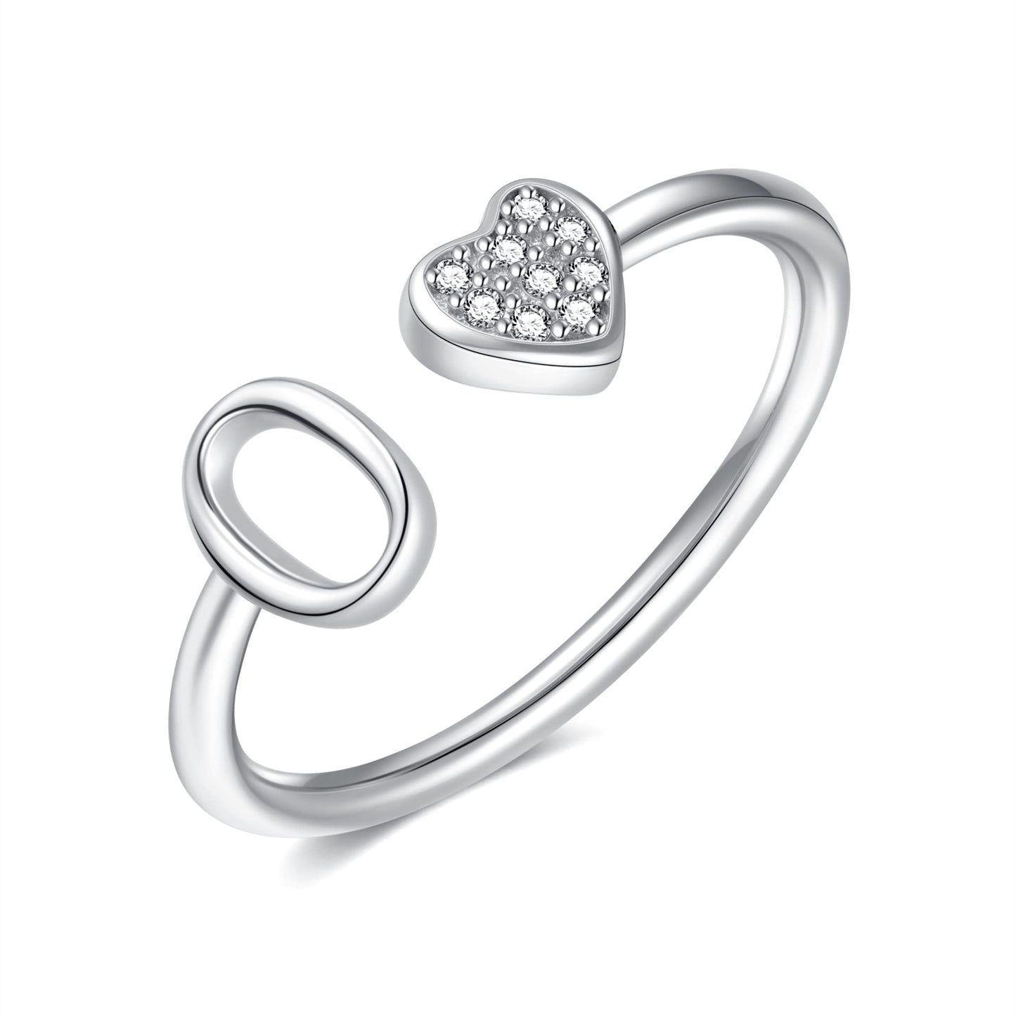 JSJOY FashionS925 Sterling Silver Initial Rings for Teen Girls Women Adjustable Initial Rings for Women Heart Rings Silver Rings for Girls Stackable Alphabet Letter Rings for Teen Girls Women Gifts