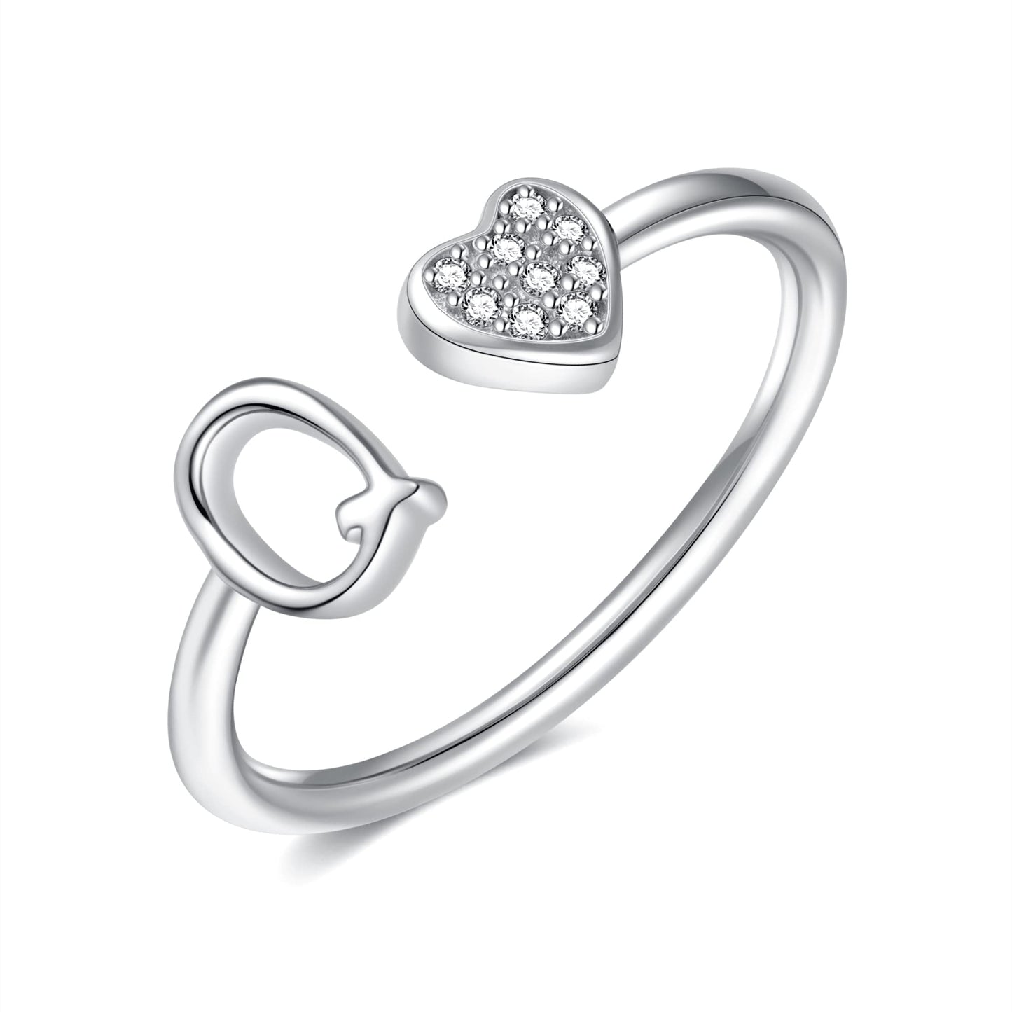 JSJOY FashionS925 Sterling Silver Initial Rings for Teen Girls Women Adjustable Initial Rings for Women Heart Rings Silver Rings for Girls Stackable Alphabet Letter Rings for Teen Girls Women Gifts