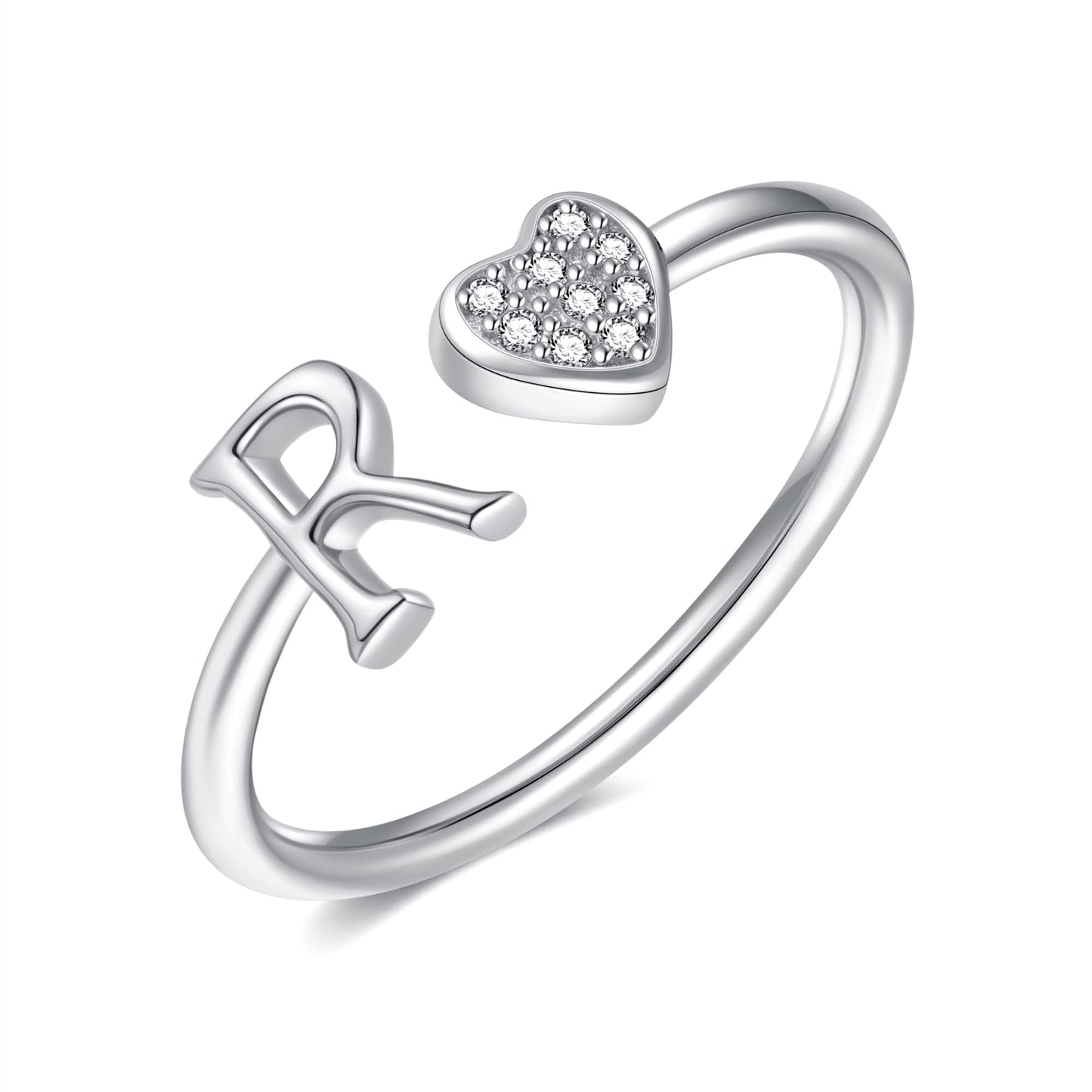 JSJOY FashionS925 Sterling Silver Initial Rings for Teen Girls Women Adjustable Initial Rings for Women Heart Rings Silver Rings for Girls Stackable Alphabet Letter Rings for Teen Girls Women Gifts