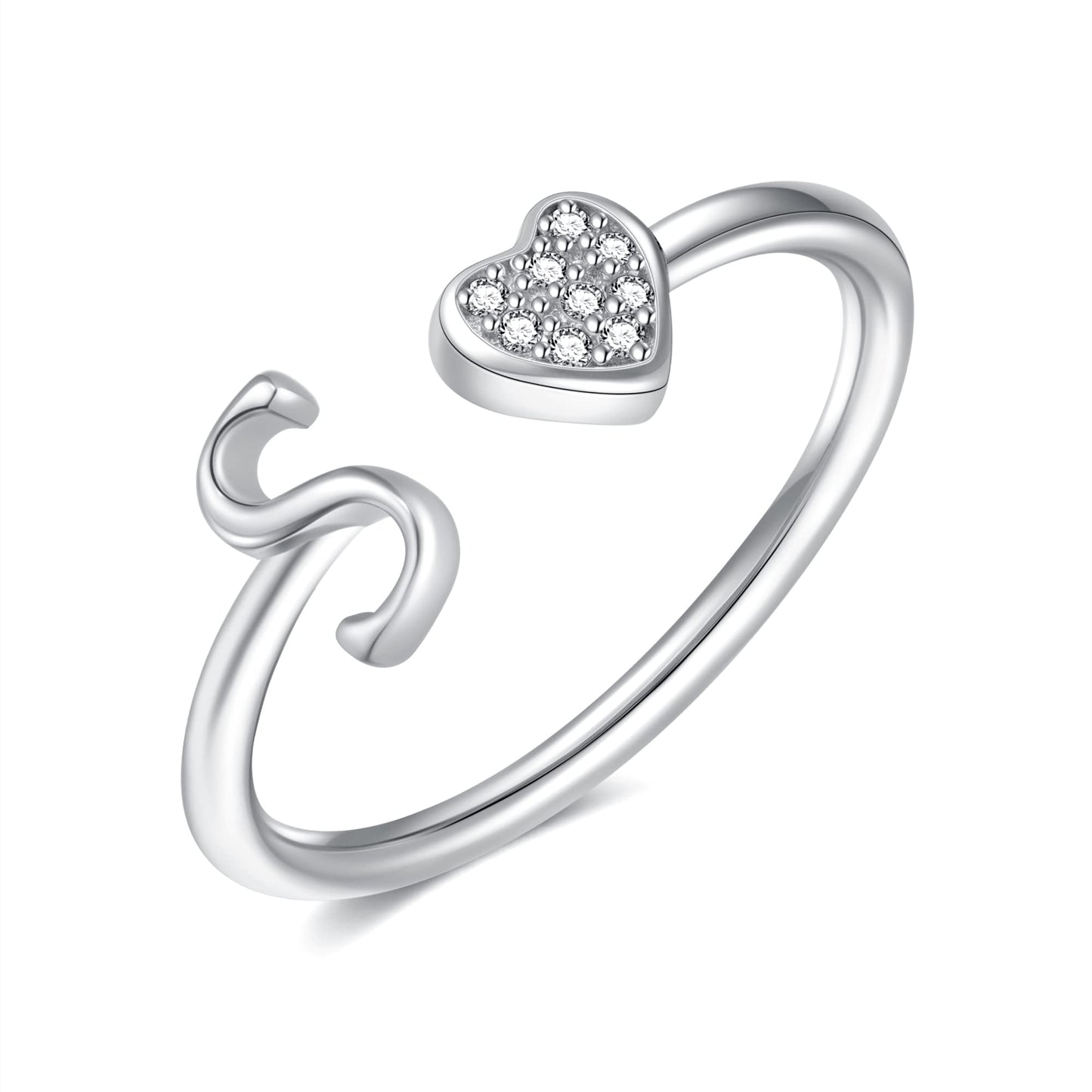 JSJOY FashionS925 Sterling Silver Initial Rings for Teen Girls Women Adjustable Initial Rings for Women Heart Rings Silver Rings for Girls Stackable Alphabet Letter Rings for Teen Girls Women Gifts