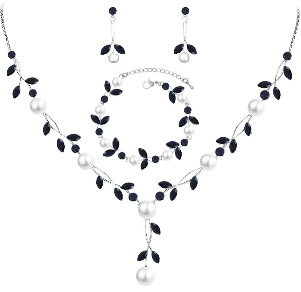 Luxury Cubic Zirconia Crystal Pearl Floral Necklace Dangle Earrings Wedding Bridal Jewelry Set Birthday Gifts for Her