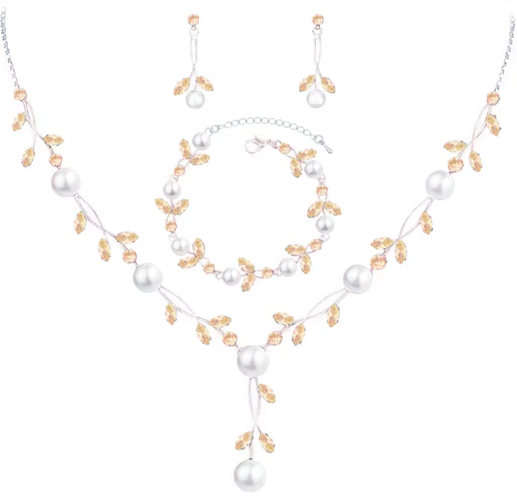 Luxury Cubic Zirconia Crystal Pearl Floral Necklace Dangle Earrings Wedding Bridal Jewelry Set Birthday Gifts for Her