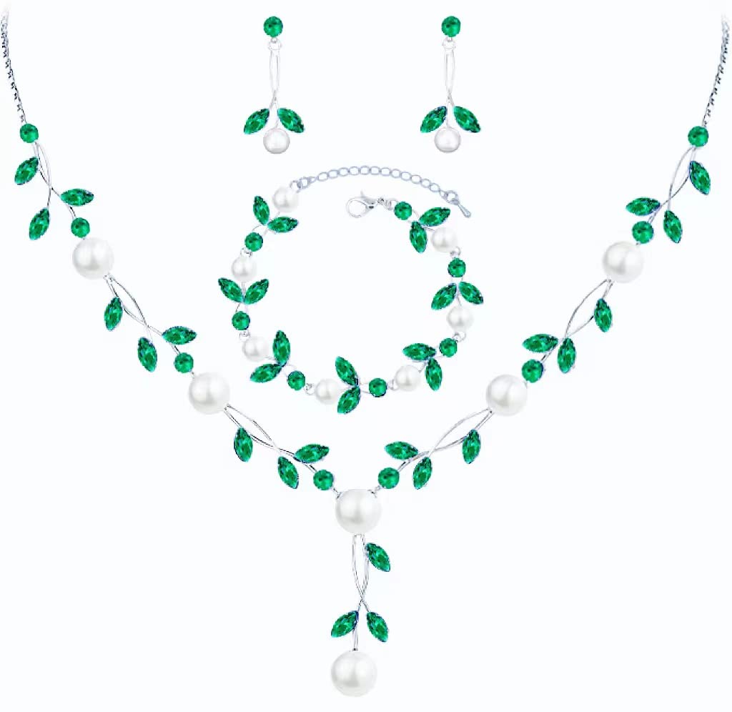 Luxury Cubic Zirconia Crystal Pearl Floral Necklace Dangle Earrings Wedding Bridal Jewelry Set Birthday Gifts for Her