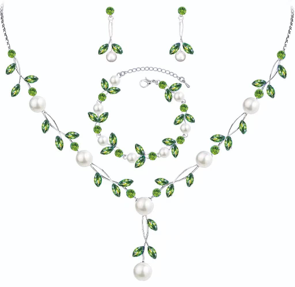 Luxury Cubic Zirconia Crystal Pearl Floral Necklace Dangle Earrings Wedding Bridal Jewelry Set Birthday Gifts for Her