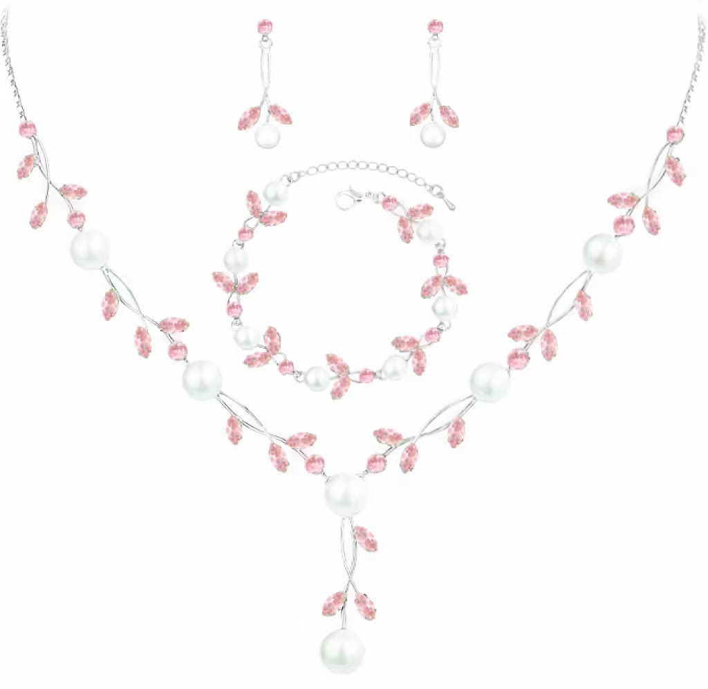 Luxury Cubic Zirconia Crystal Pearl Floral Necklace Dangle Earrings Wedding Bridal Jewelry Set Birthday Gifts for Her