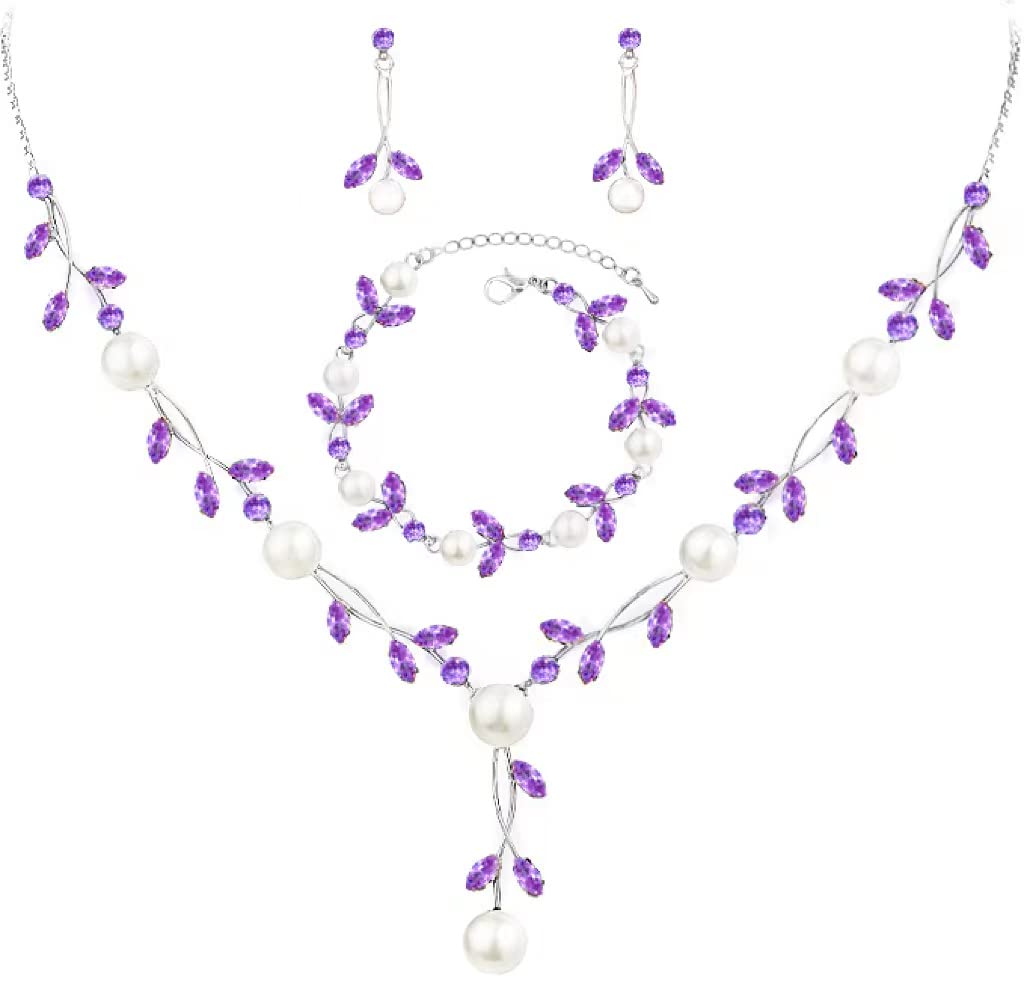 Luxury Cubic Zirconia Crystal Pearl Floral Necklace Dangle Earrings Wedding Bridal Jewelry Set Birthday Gifts for Her