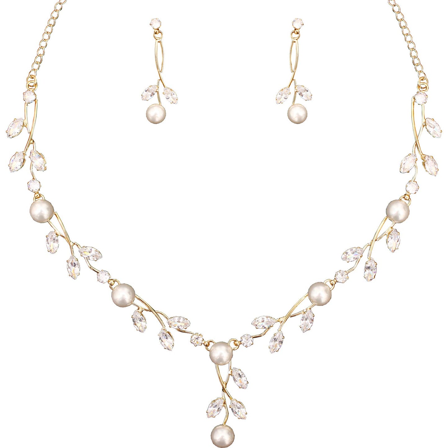 Luxury Cubic Zirconia Crystal Pearl Floral Necklace Dangle Earrings Wedding Bridal Jewelry Set Birthday Gifts for Her