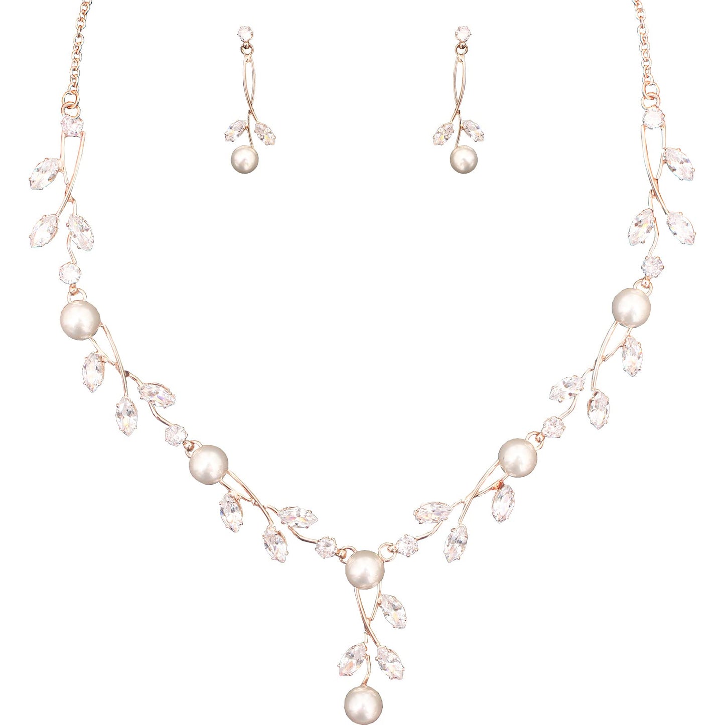 Luxury Cubic Zirconia Crystal Pearl Floral Necklace Dangle Earrings Wedding Bridal Jewelry Set Birthday Gifts for Her