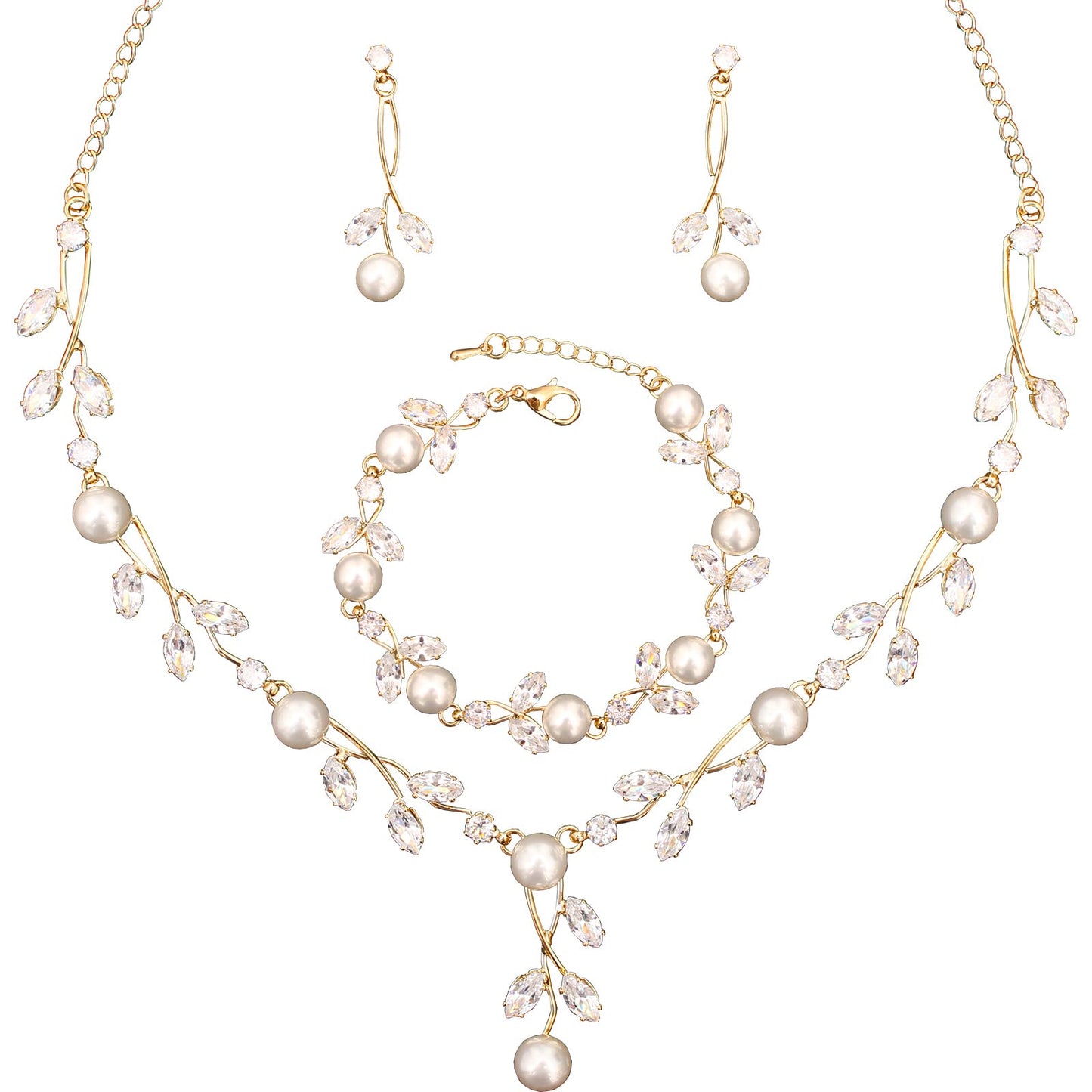 Luxury Cubic Zirconia Crystal Pearl Floral Necklace Dangle Earrings Wedding Bridal Jewelry Set Birthday Gifts for Her