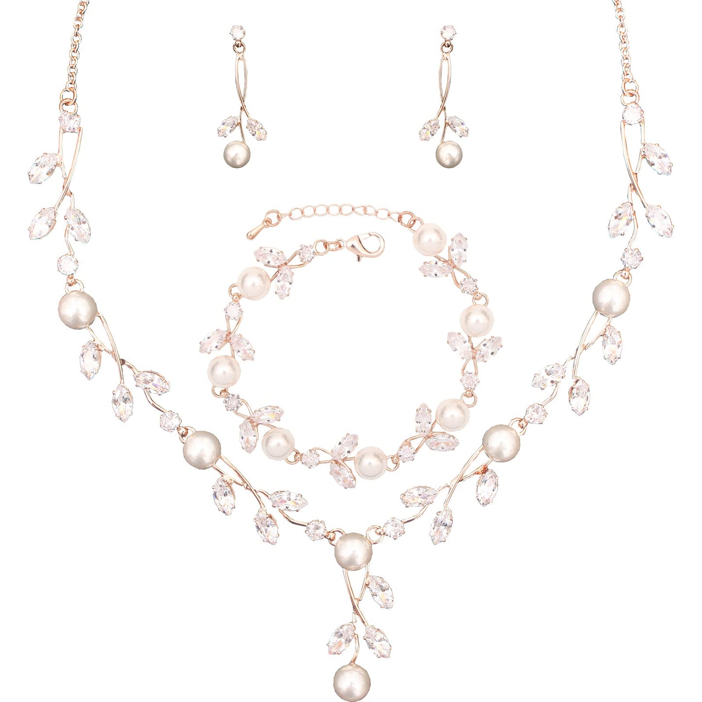 Luxury Cubic Zirconia Crystal Pearl Floral Necklace Dangle Earrings Wedding Bridal Jewelry Set Birthday Gifts for Her
