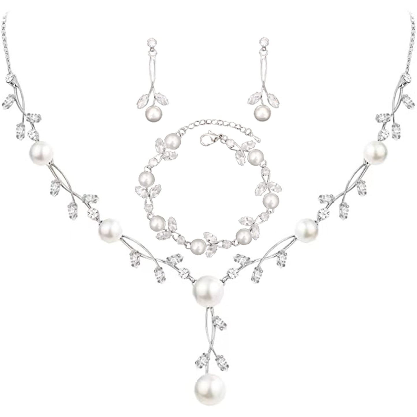 Luxury Cubic Zirconia Crystal Pearl Floral Necklace Dangle Earrings Wedding Bridal Jewelry Set Birthday Gifts for Her