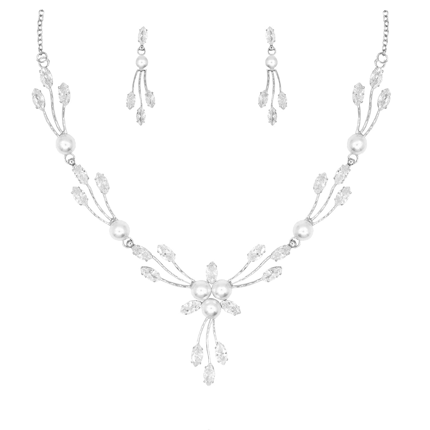 Luxury Cubic Zirconia Crystal Pearl Floral Necklace Dangle Earrings Wedding Bridal Jewelry Set Birthday Gifts for Her