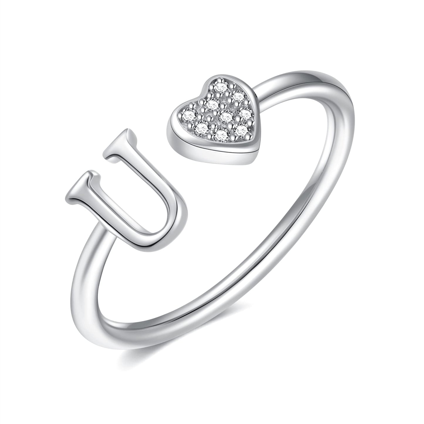 JSJOY FashionS925 Sterling Silver Initial Rings for Teen Girls Women Adjustable Initial Rings for Women Heart Rings Silver Rings for Girls Stackable Alphabet Letter Rings for Teen Girls Women Gifts