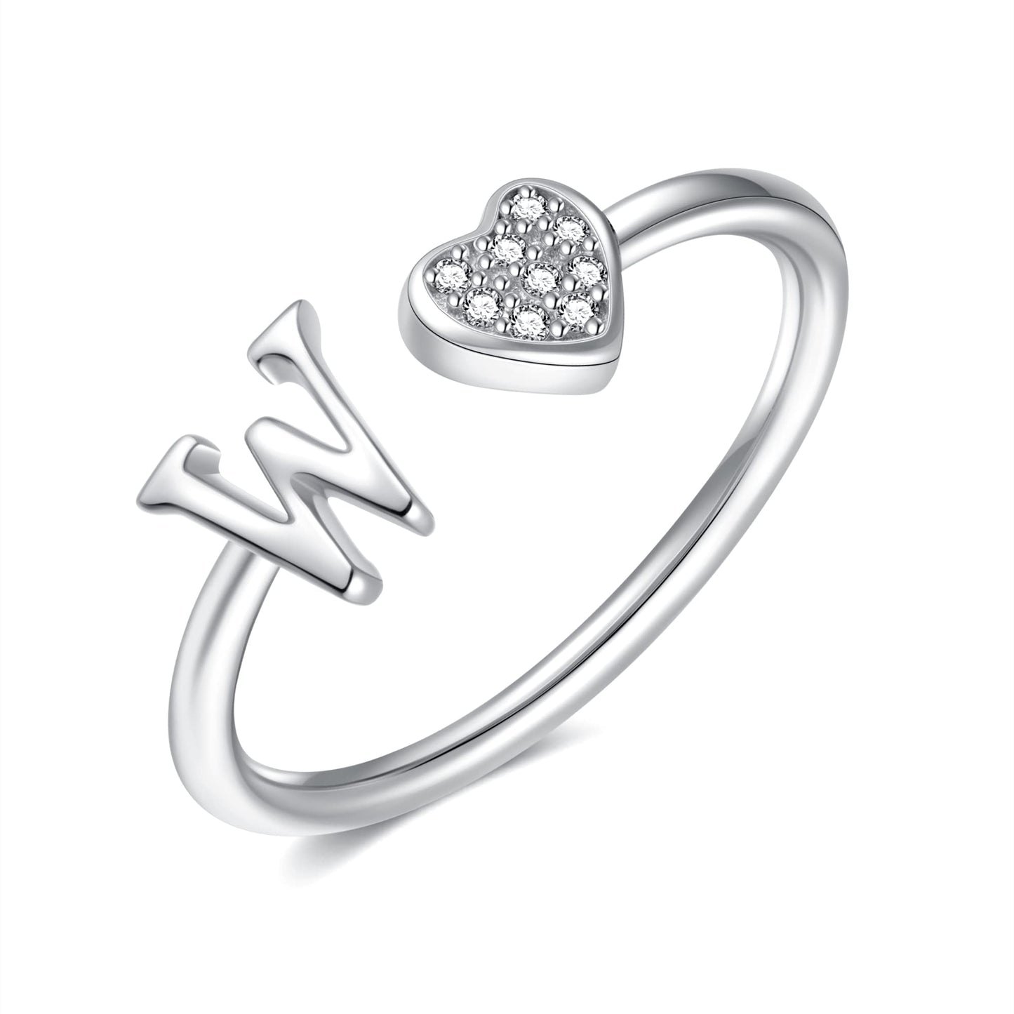 JSJOY FashionS925 Sterling Silver Initial Rings for Teen Girls Women Adjustable Initial Rings for Women Heart Rings Silver Rings for Girls Stackable Alphabet Letter Rings for Teen Girls Women Gifts