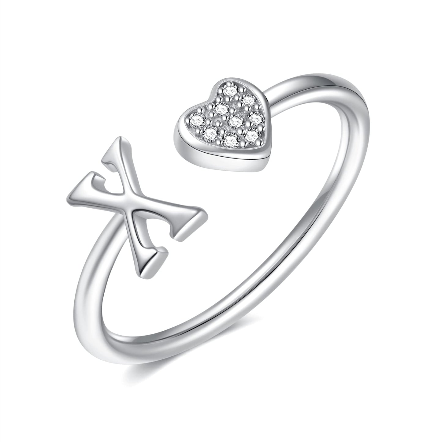 JSJOY FashionS925 Sterling Silver Initial Rings for Teen Girls Women Adjustable Initial Rings for Women Heart Rings Silver Rings for Girls Stackable Alphabet Letter Rings for Teen Girls Women Gifts