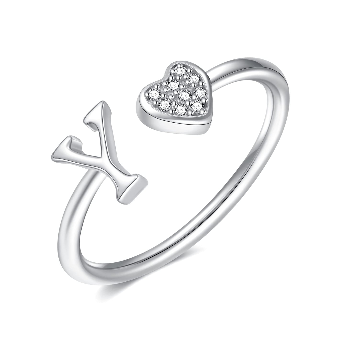 JSJOY FashionS925 Sterling Silver Initial Rings for Teen Girls Women Adjustable Initial Rings for Women Heart Rings Silver Rings for Girls Stackable Alphabet Letter Rings for Teen Girls Women Gifts