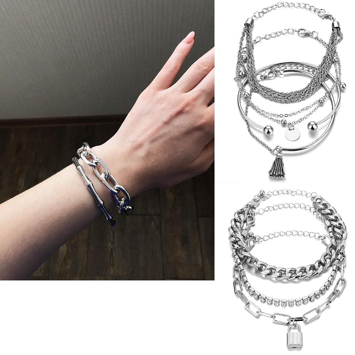 JSJOY 18-25 Pcs (6 Pack) 14K Gold Silver Bracelets Set for Women Girls Boho Stackable Y2K Chain Layered Multipack Bangles Adjustable Layering Cuff Italian Cuban Anklet Charm Chunky Bracelet Bundle Jewelry