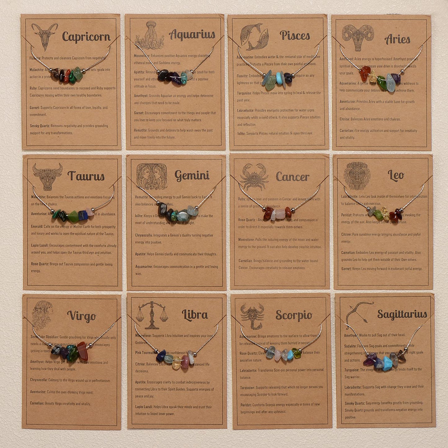 Natural Stone Zodiac Sign Choker Necklace for Women Raw Crystals Zodiac Necklace Horoscope Healing Gemstone Crystals Astrology Jewelry Holiday gifts