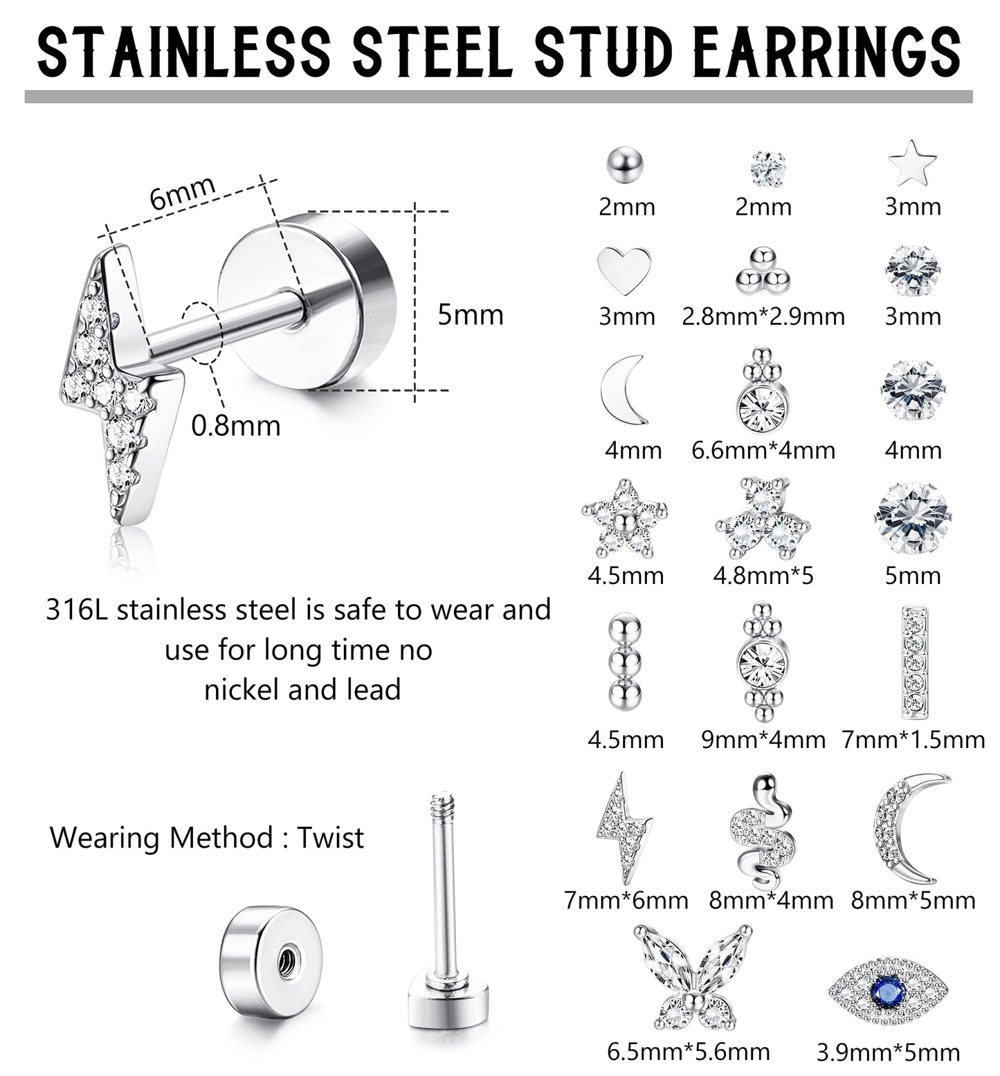 JSJOY 20Pcs Stainless Steel Stud Earrings for Women Men 20G Tiny Cartilage Stud Earrings Small Snake Star Moon Ball Butterfly Heart Eye Flower Screwback Flat Back Stud Earrings Piercing Jewelry Set
