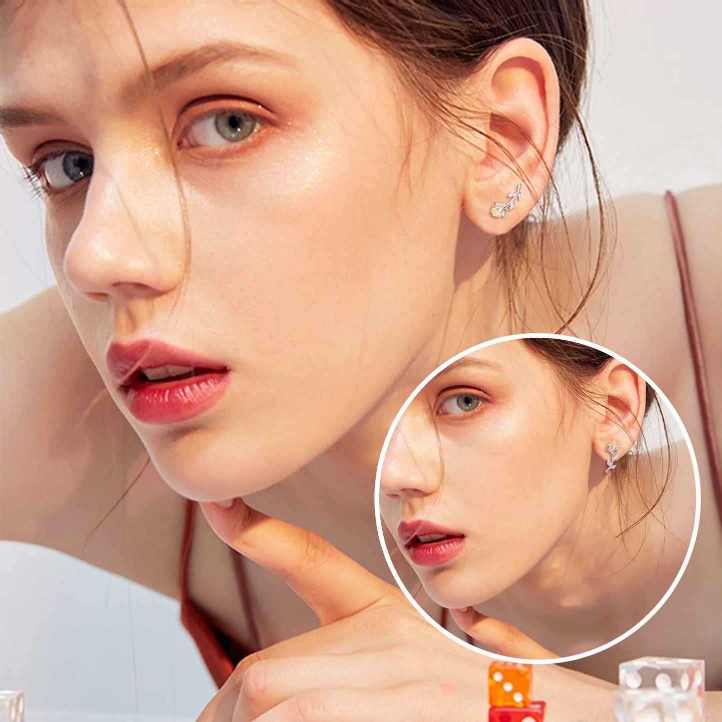 JSJOY Ear Crawler Climber Earrings Sterling Silver Rose Flower Crescent Moon Stud Earrings for Women Girls Jewelry Gifts