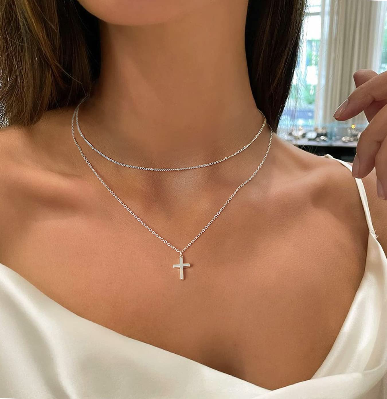JSJOY Cross Necklace for Women, 14K Gold Plated/Sterling silver Chain Necklace Dainty Layered Gold Cross Pendant Necklace Simple Cute Necklaces for Women Gold Jewelry for Women