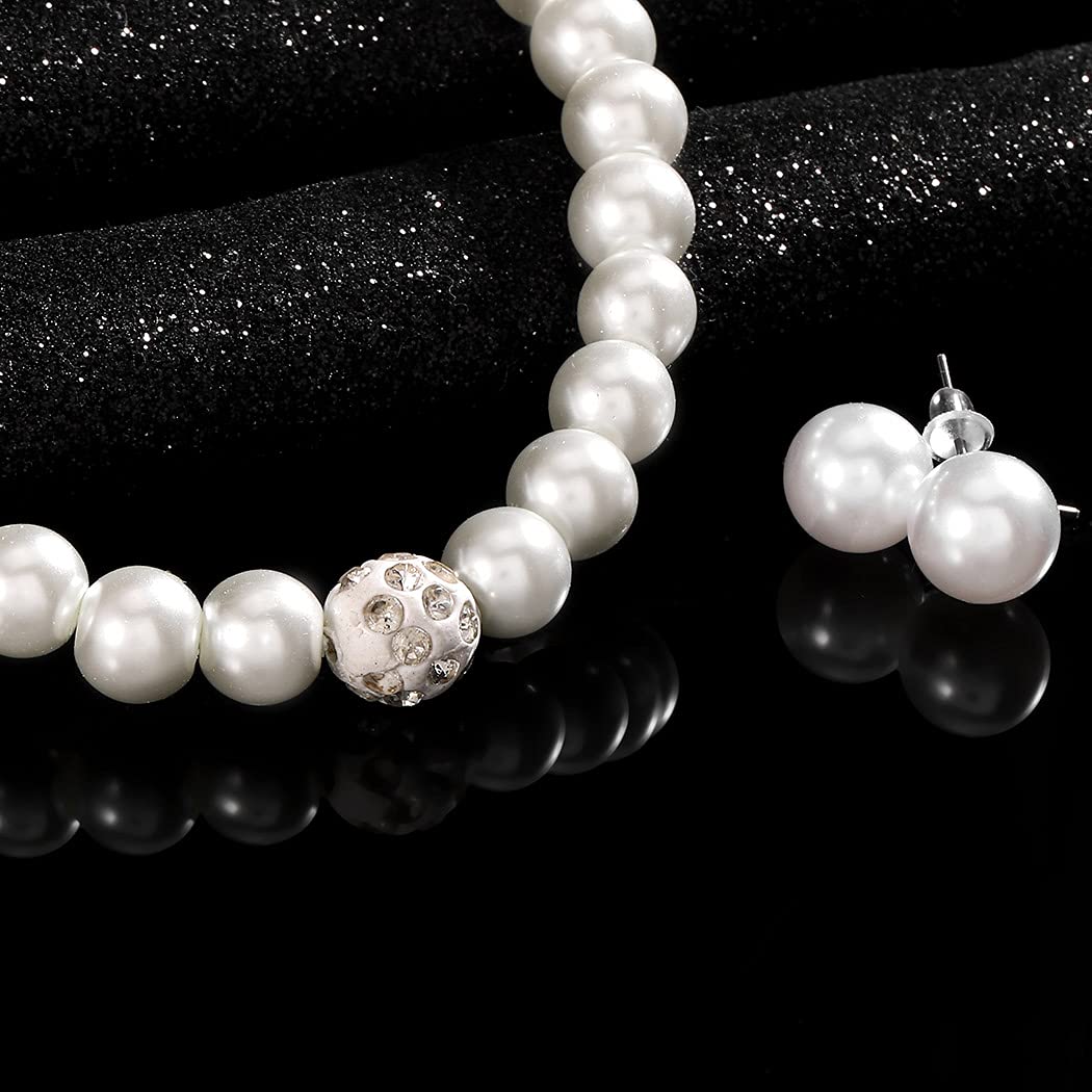 JSJOY Wedding Pearl Necklace Set Silver Bridal Crystal Necklaces Earrings Bracelet Sets Rhinestone Brides Necklace Chain Jewelry Sets for Women and Girls