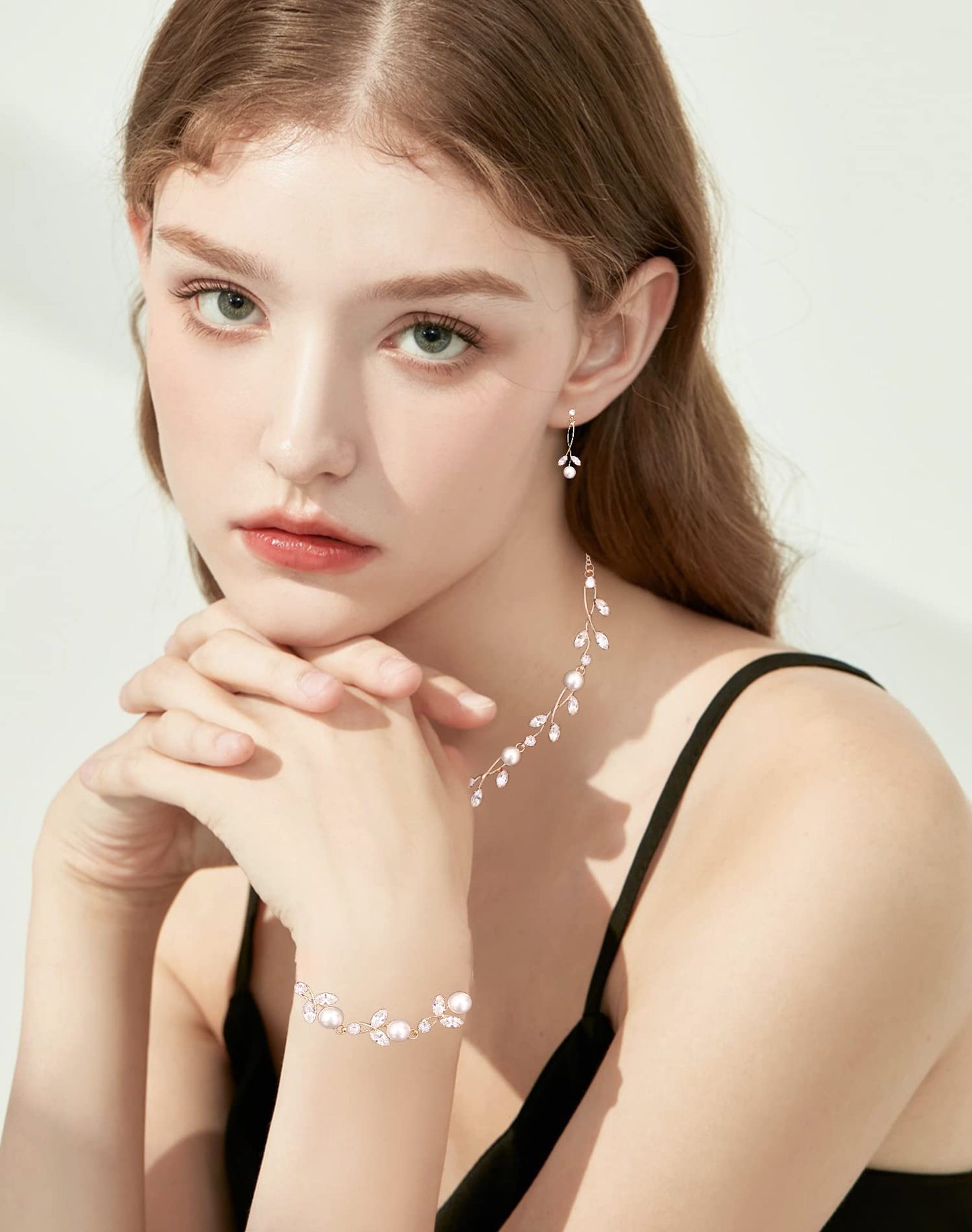 Luxury Cubic Zirconia Crystal Pearl Floral Necklace Dangle Earrings Wedding Bridal Jewelry Set Birthday Gifts for Her
