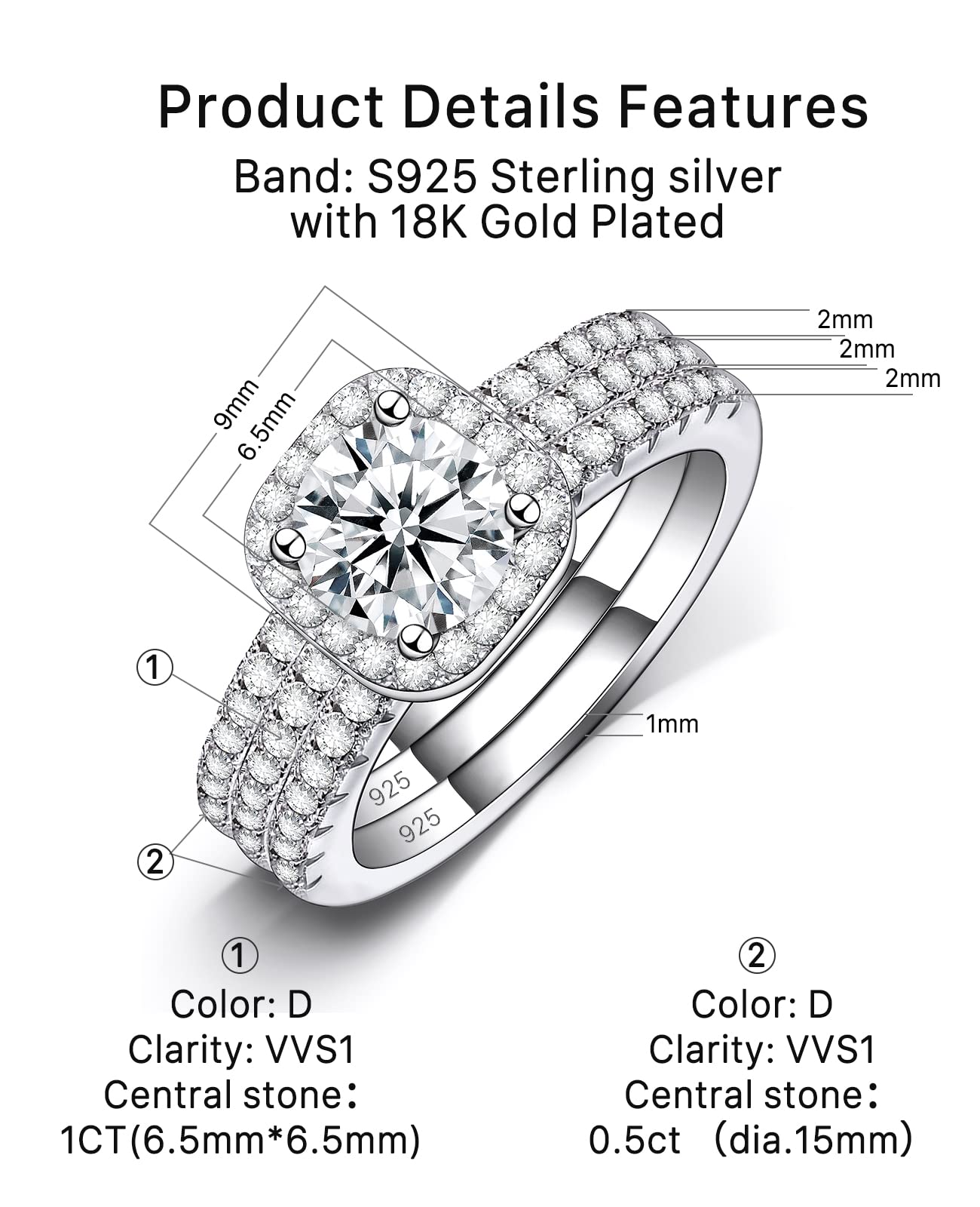 JSJOY Fashion Moissanite Halo Ring for Women, S925 Sterling Silver 18K White Gold Plated Engagement Ring 1.3CT D Color VVS1 Clarity Round Cut Solitaire Rings, Wedding Bands Promise Lab Diamond Rings for HerMoissanite Halo Ring for Women